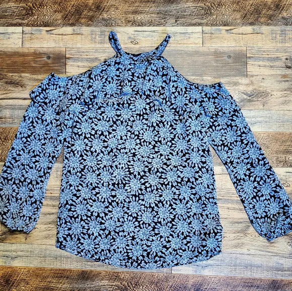 Michael Kors Cold Shoulder Sheer Halter Jewel Print Top SMALL Ruffles - Picture 11 of 11